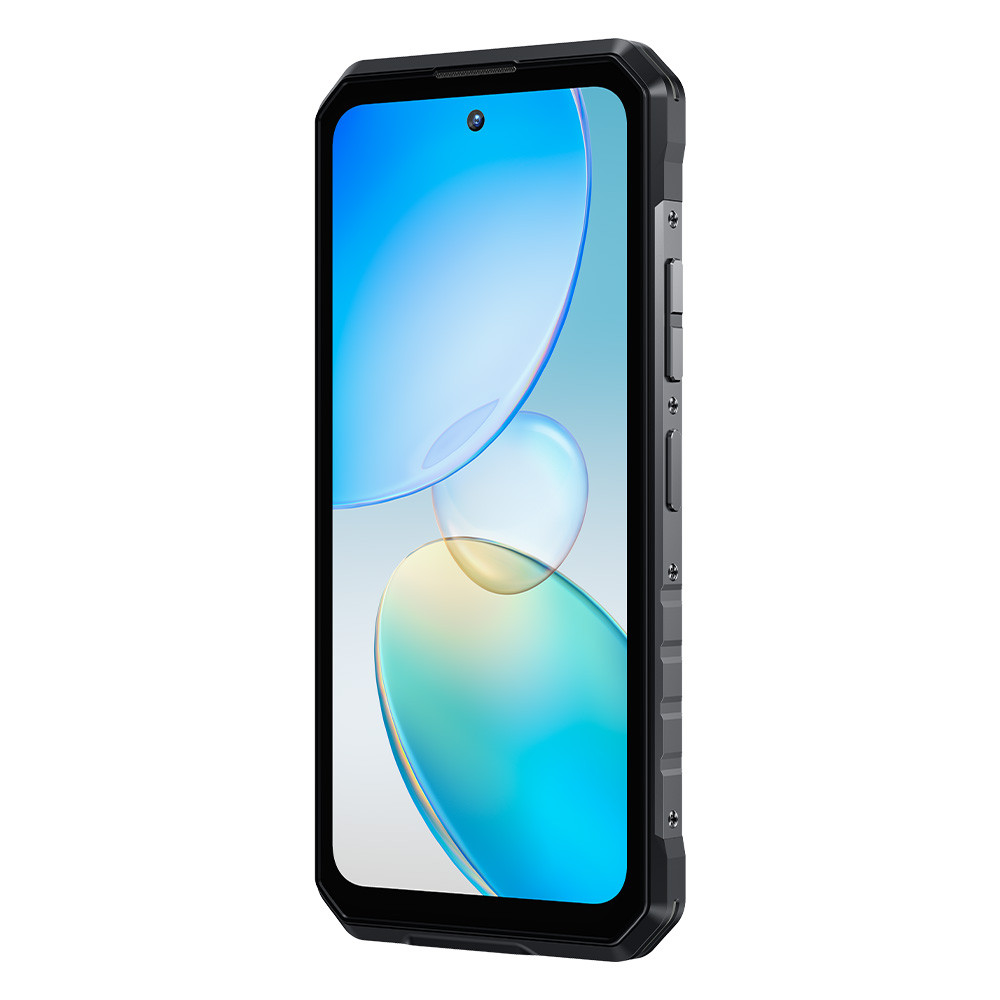Uno smartphone nero robusto con un grande schermo che visualizza grafica colorata.