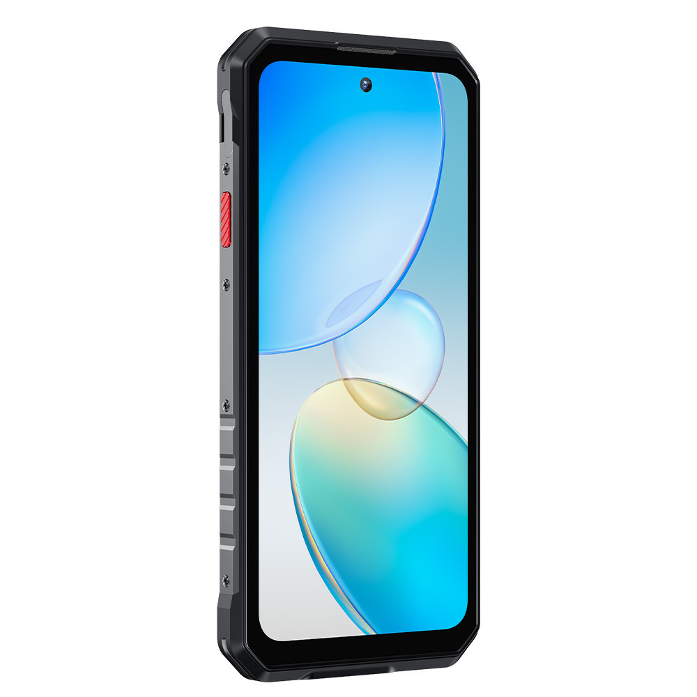 Uno smartphone nero robusto con uno sfondo blu e giallo sullo schermo.