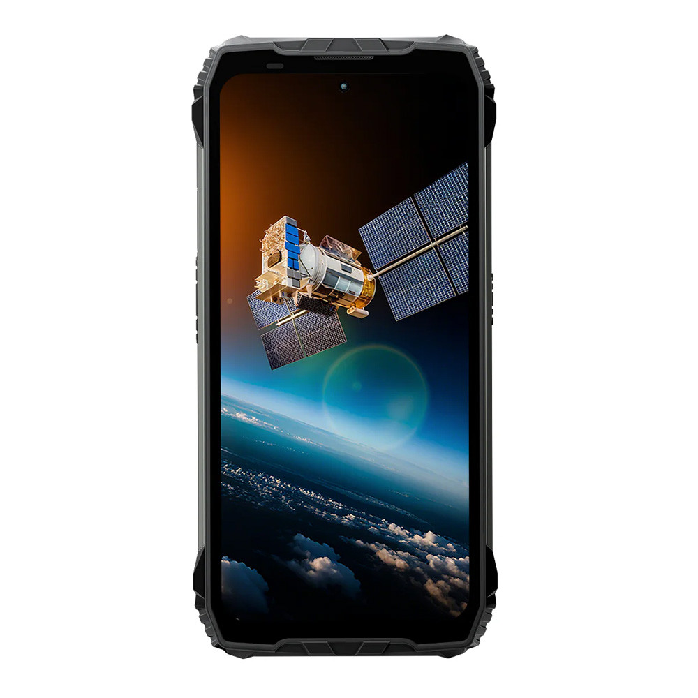 Uno smartphone mostra un satellite sopra la Terra con nuvole.