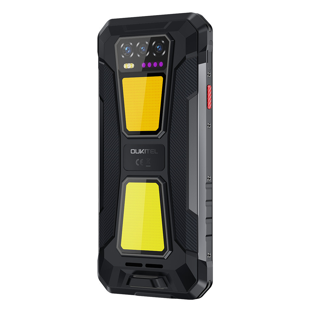 Telefono robusto nero con accenti gialli, fotocamere multiple e flash LED sul retro.