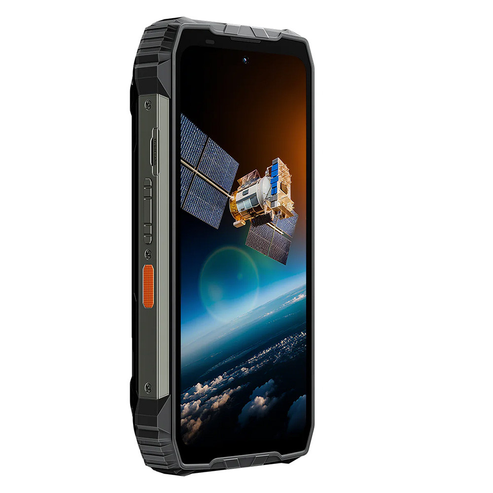 Smartphone robusto mostra satellite sopra la Terra. Sfondo bianco.