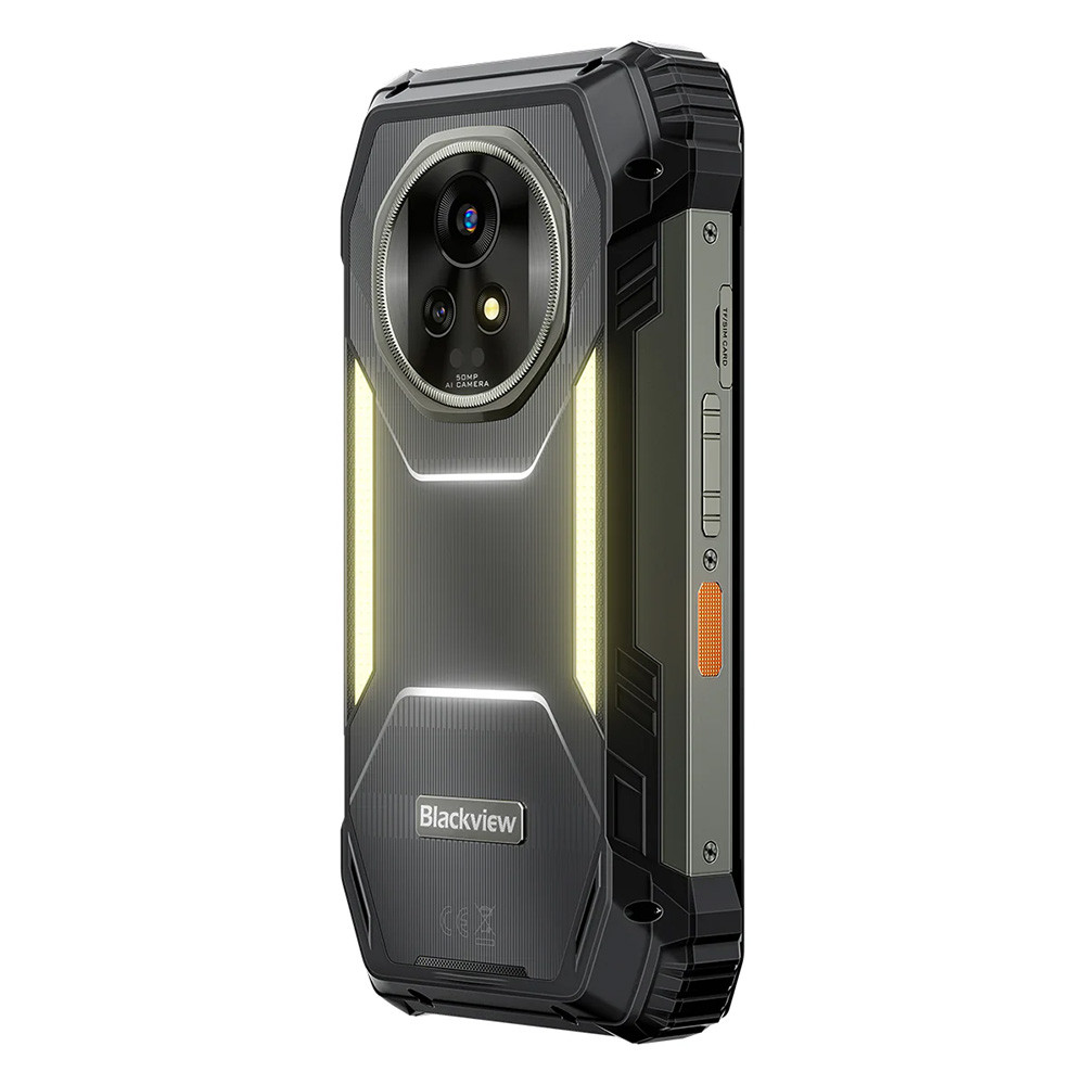 Retro di uno smartphone nero robusto con fotocamera AI da 50MP e strisce luminose.