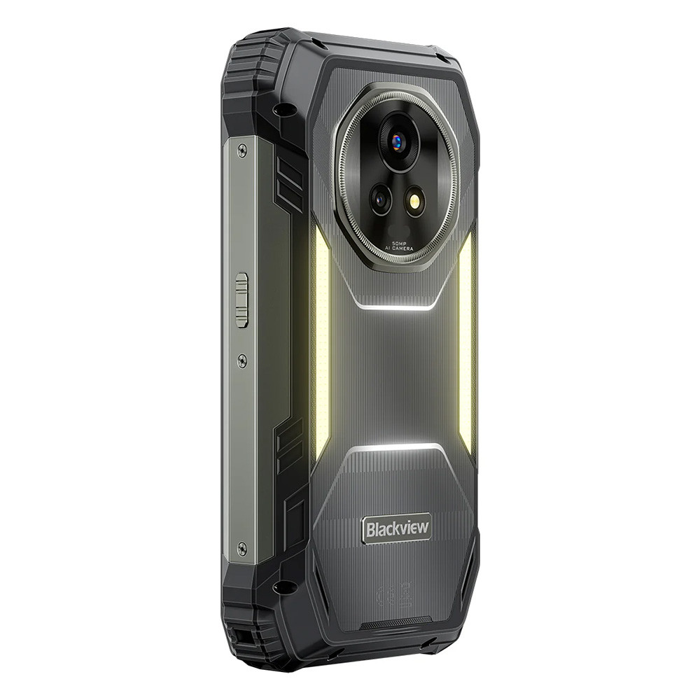 Uno smartphone robusto nero con tre fotocamere e luci gialle.