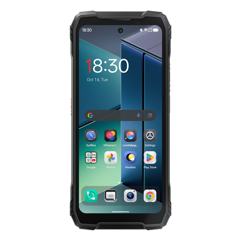 Uno smartphone robusto con custodia scura mostra la schermata principale con app e orario.
