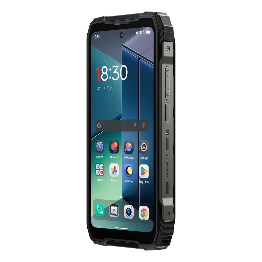 Uno smartphone robusto con custodia nera e display a schermo intero.