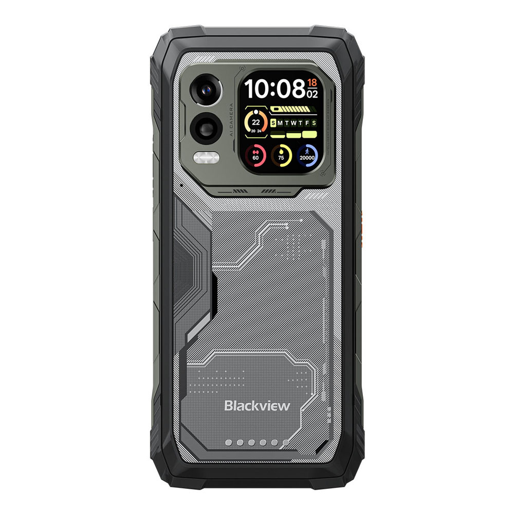 Smartphone rugged Blackview con fotocamera AI, orologio e icone batteria su schermo.