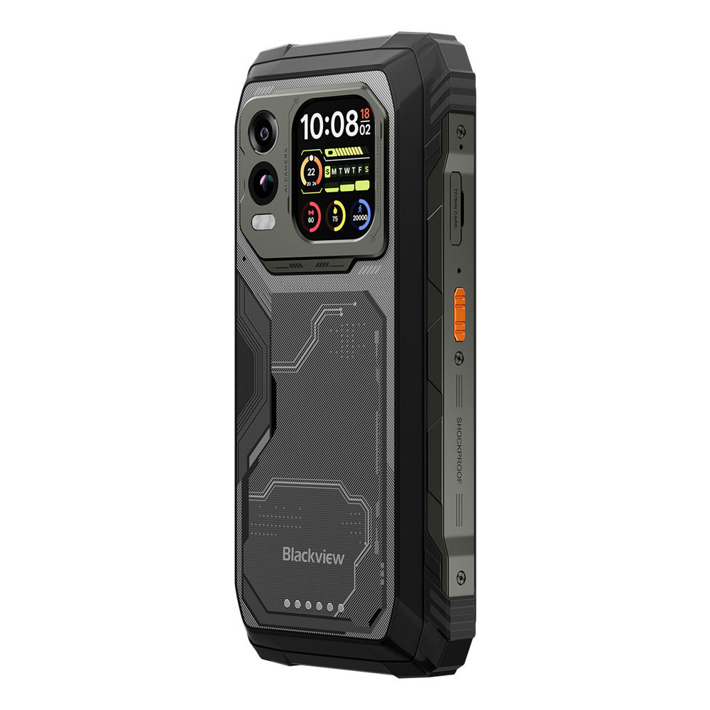 Uno smartphone nero robusto con modulo fotocamera e display sul retro.