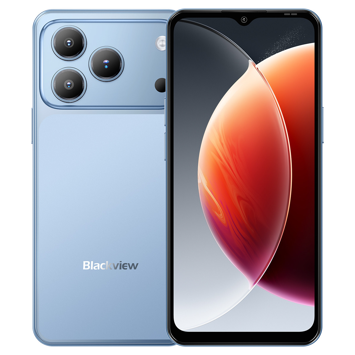 Uno smartphone blu con tre fotocamere posteriori e uno schermo colorato.
