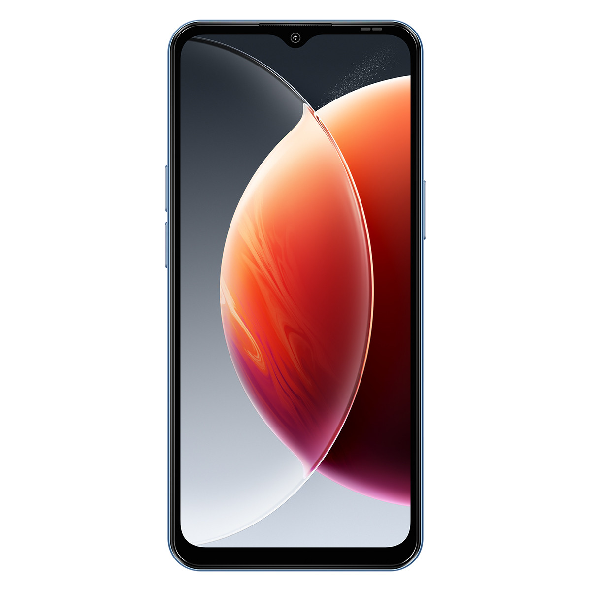 Uno smartphone blu con uno sfondo dinamico rosso e arancione visualizzato sullo schermo.
