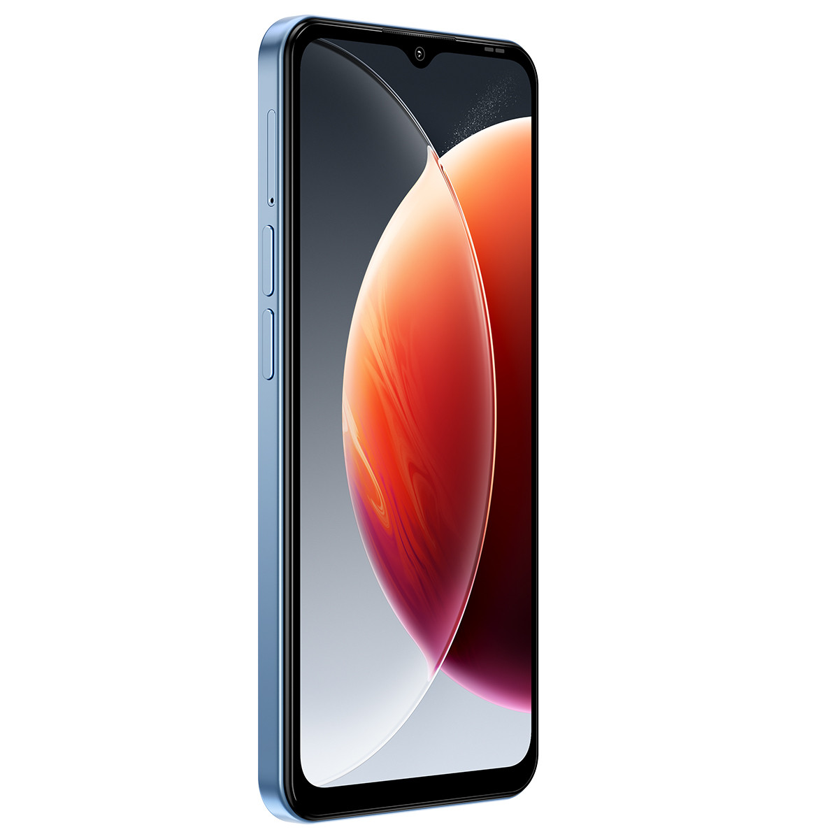 Uno smartphone blu mostra una grafica astratta rossa sul suo schermo su sfondo bianco.