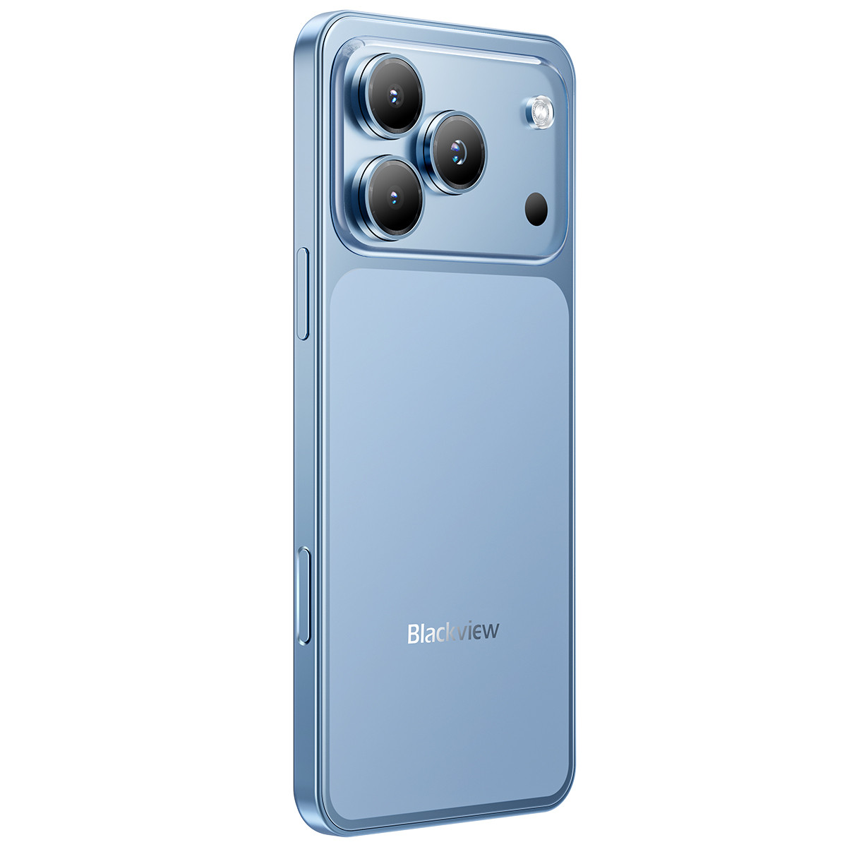 Uno smartphone azzurro con tre fotocamere e flash sul retro.
