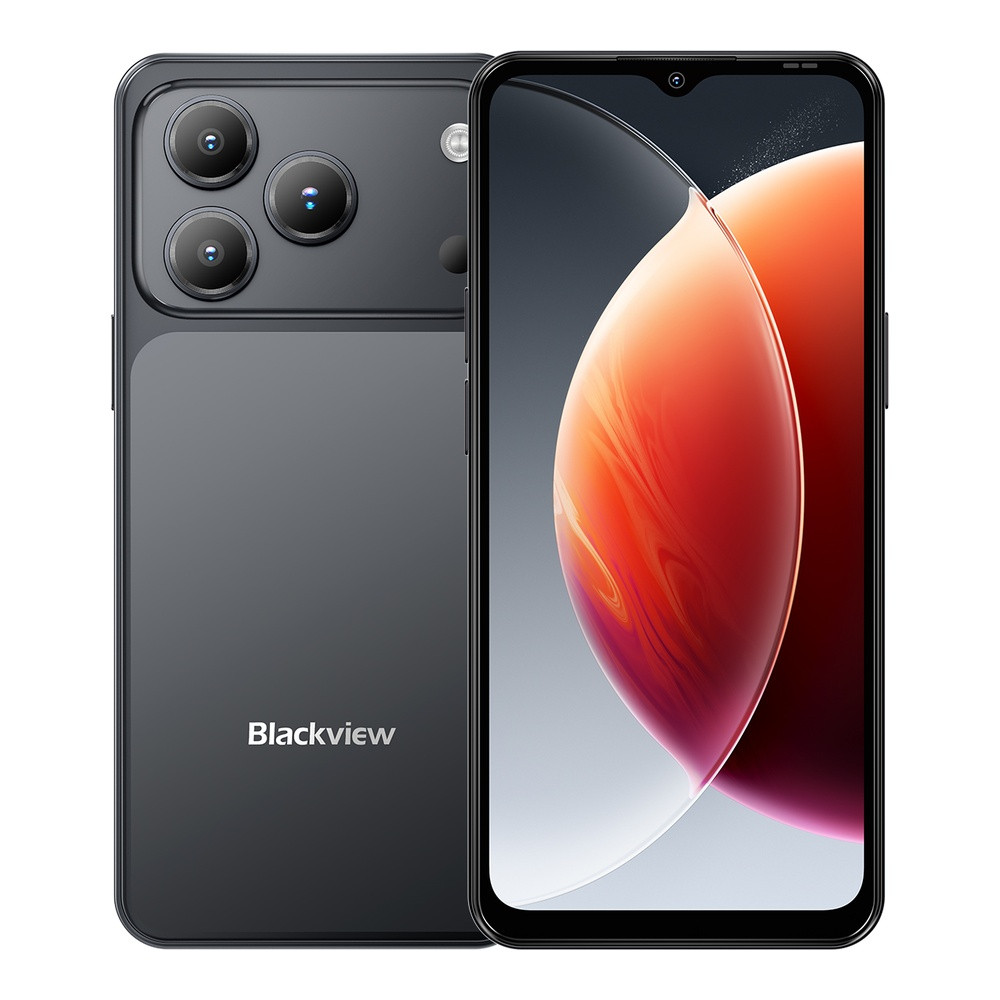 Smartphone Blackview con tripla fotocamera posteriore, finitura grigio opaco e schermo vivace.