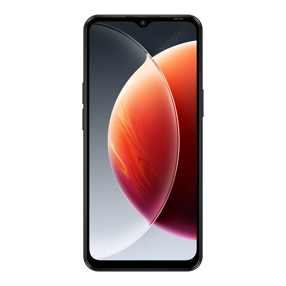 Smartphone nero con sfondo rosso e arancione e una tacca in alto.