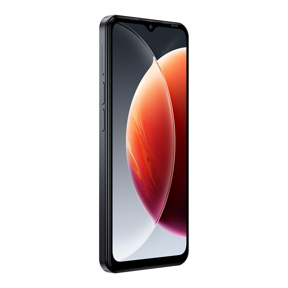 Uno smartphone nero con uno sfondo astratto rosso e arancione sullo schermo.