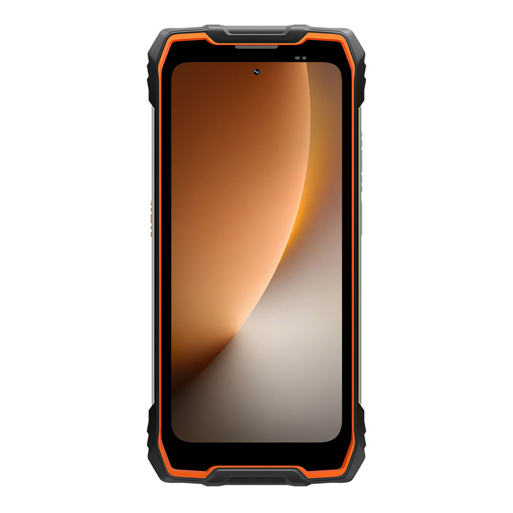 Uno smartphone robusto con scocca nera e arancione, isolato su sfondo bianco.
