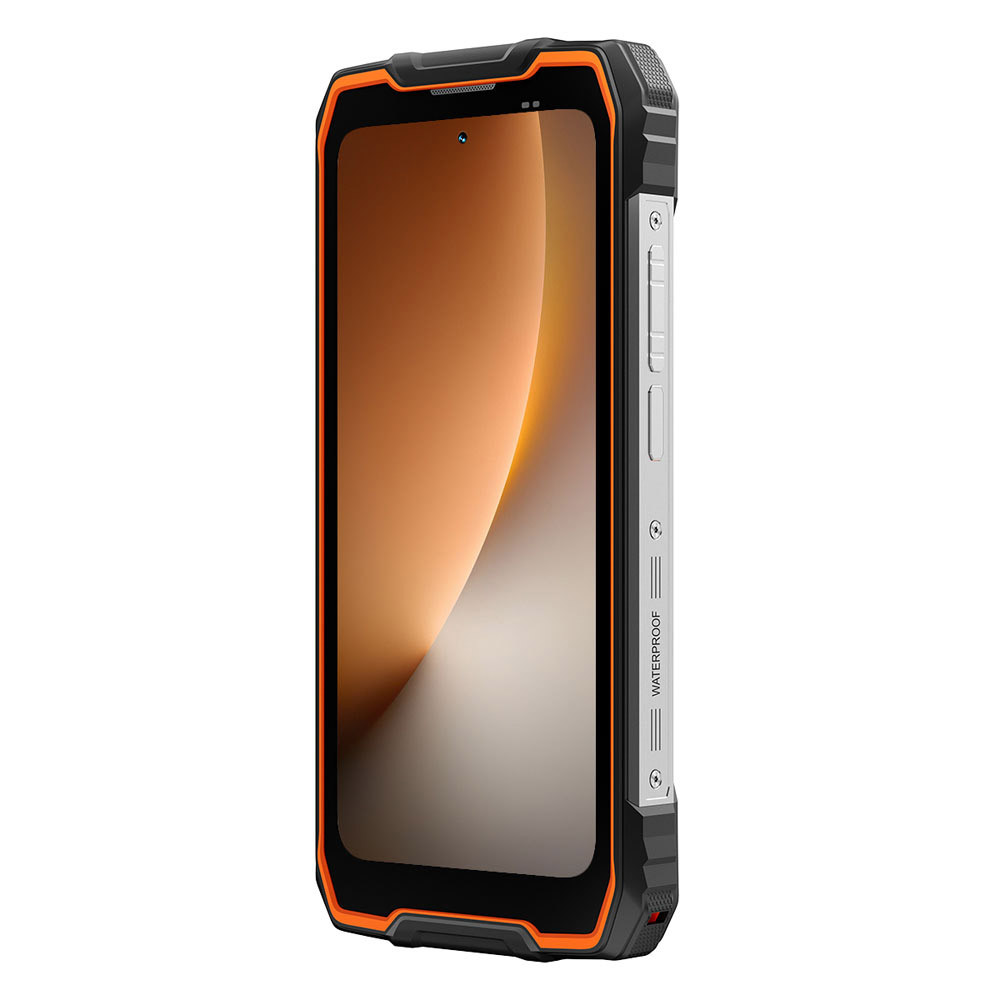 Smartphone robusto con accenti arancioni e scritta 'WATERPROOF'.