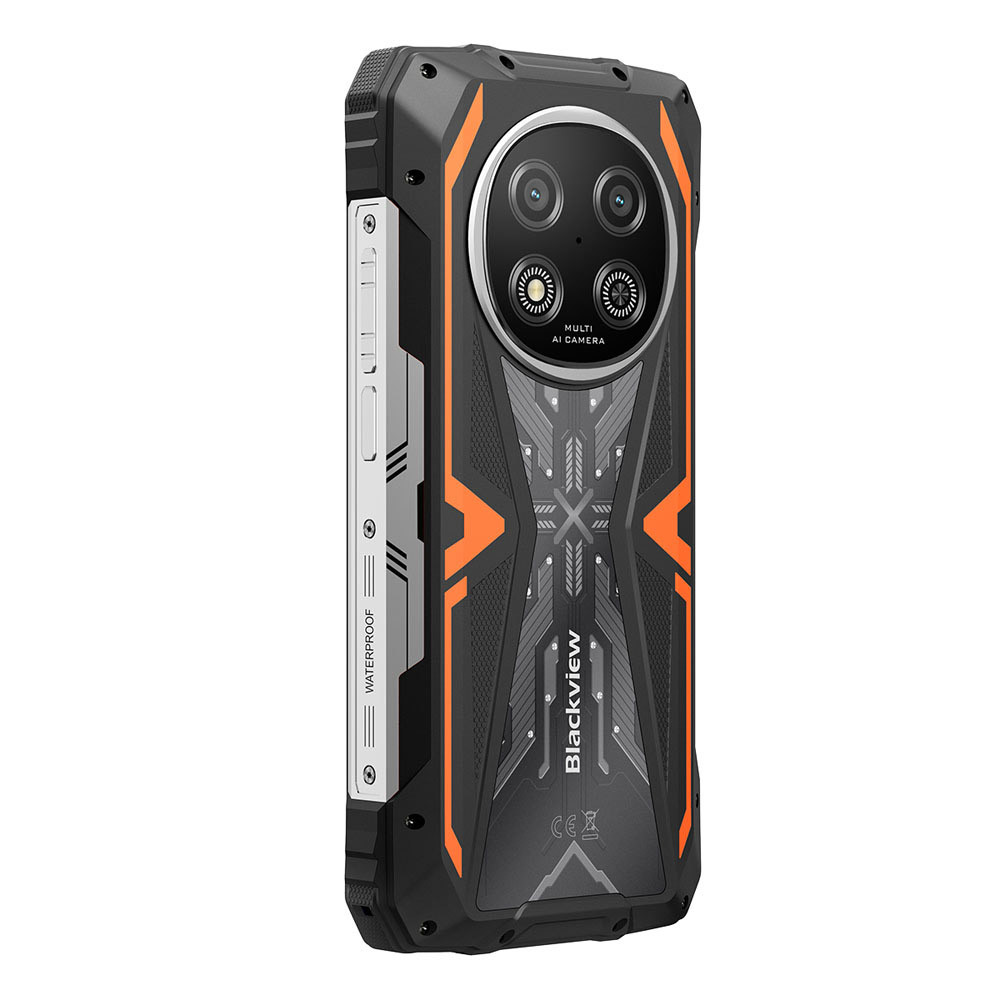 Smartphone robusto nero con accenti arancioni, configurazione multi-camera