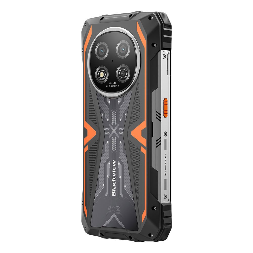Smartphone robusto con retro nero e arancione, tripla fotocamera e logo "Blackview".
