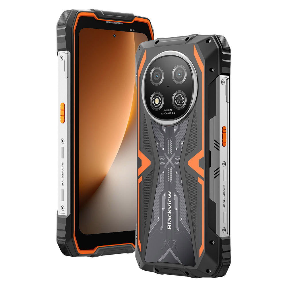 Smartphone robusto nero con accenti arancioni, viste frontale e posteriore.