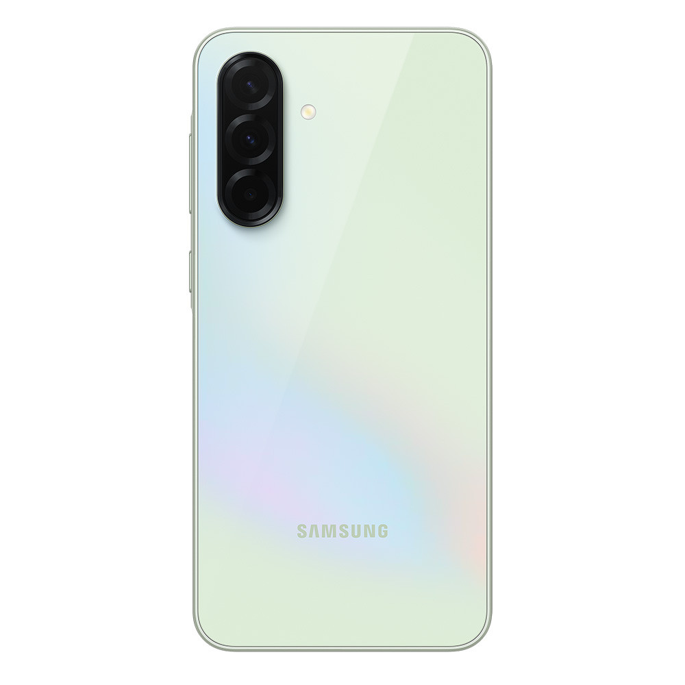 Retro di uno smartphone Samsung verde chiaro con tre fotocamere e un flash.
