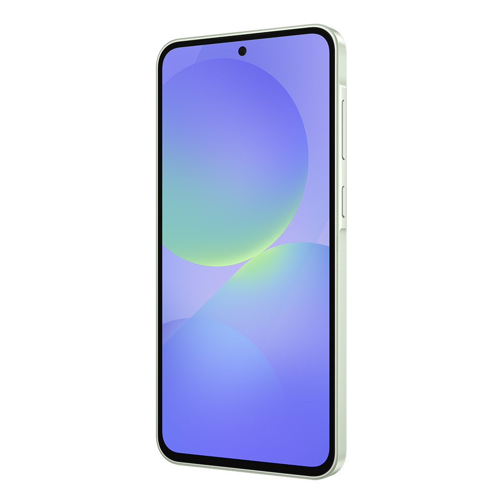 Uno smartphone verde chiaro con uno sfondo blu e verde sullo schermo.
