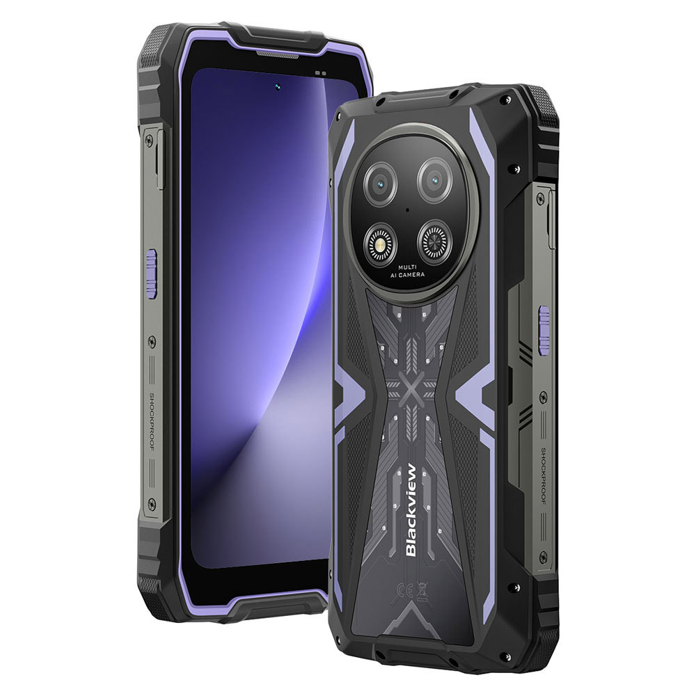 Due smartphone Blackview robusti con accenti viola su sfondo bianco.