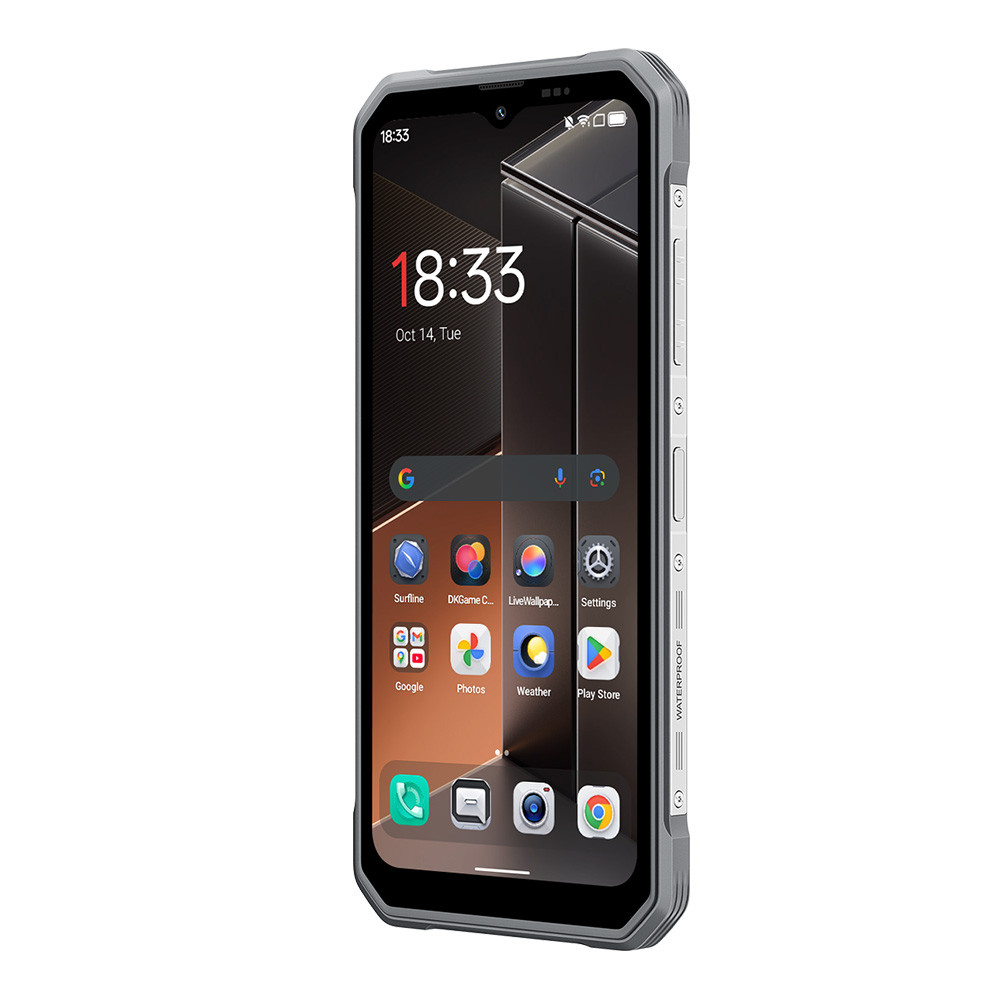 Uno smartphone grigio robusto con un grande schermo che mostra le 18:33.