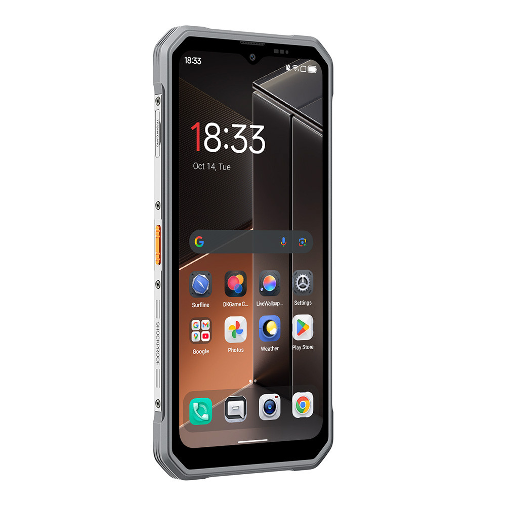 Uno smartphone robusto grigio mostra l'ora 18:33 sul suo schermo con icone di app.