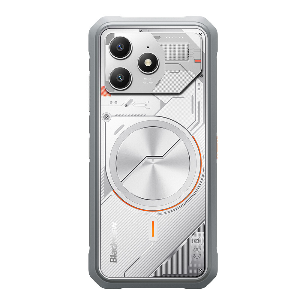 Uno smartphone con custodia grigia e retro trasparente dal design meccanico.