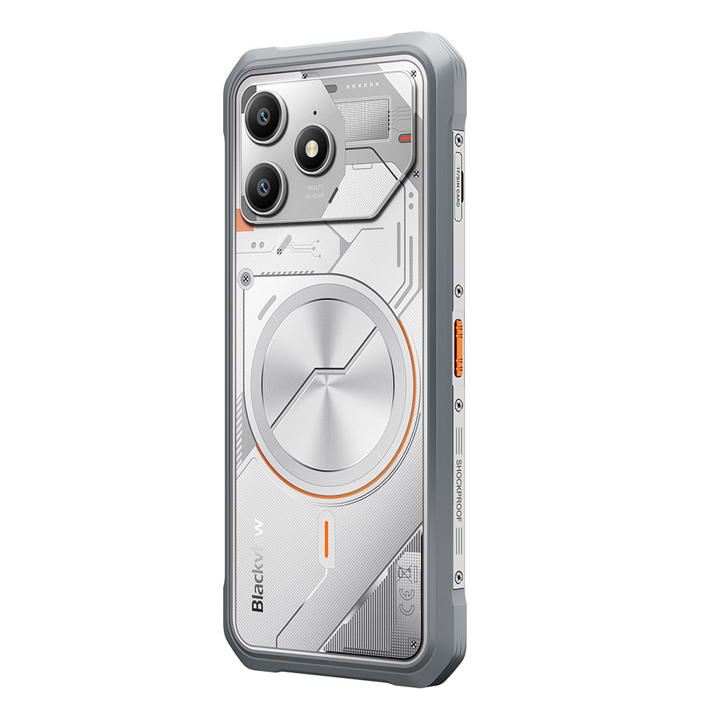 Smartphone robusto grigio con retro trasparente e accenti argentati.