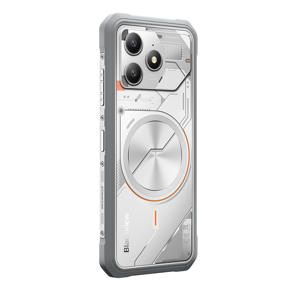 Uno smartphone robusto con retro trasparente, tripla fotocamera e design circolare argentato.