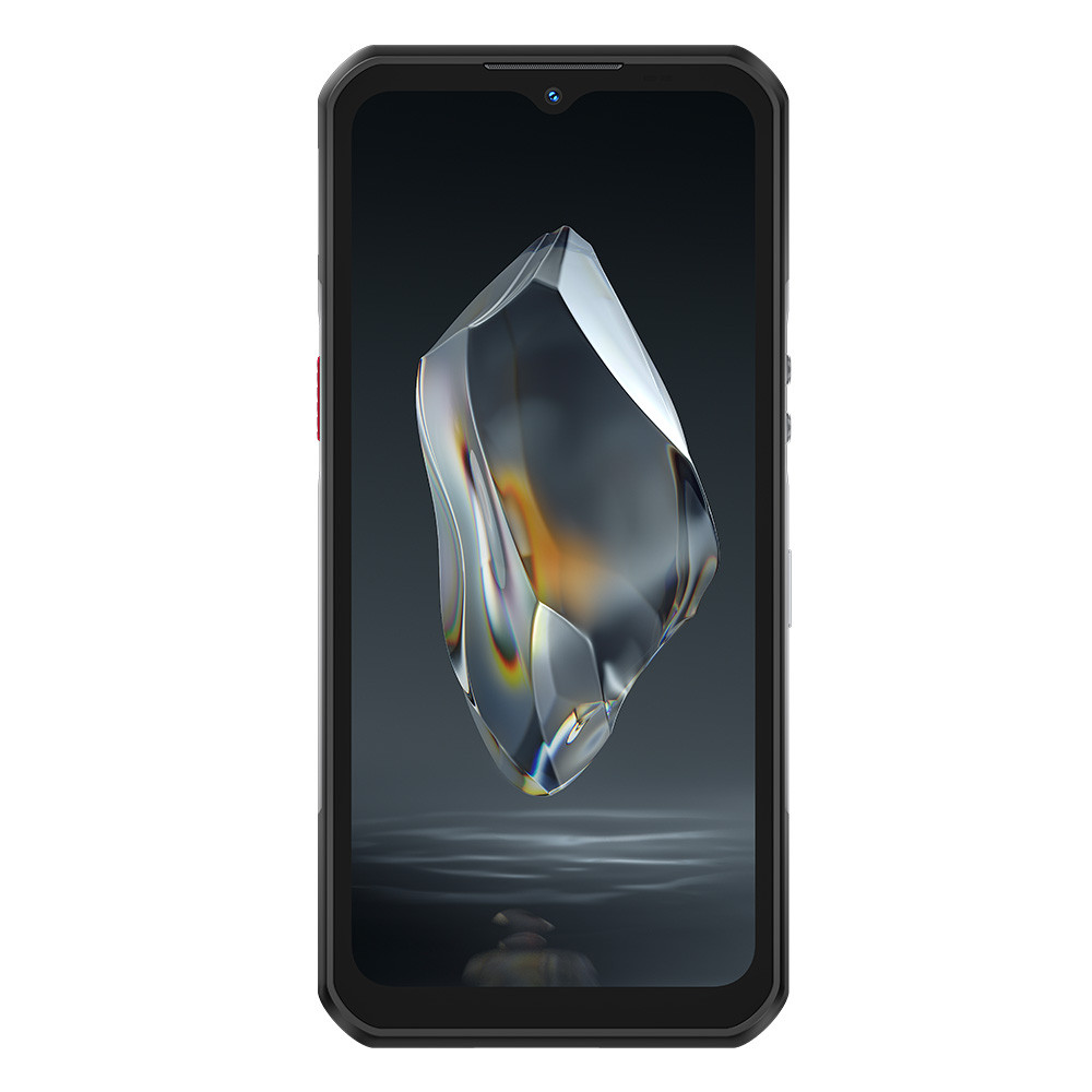 Uno smartphone nero mostra un cristallo sfaccettato e traslucido sul suo schermo.