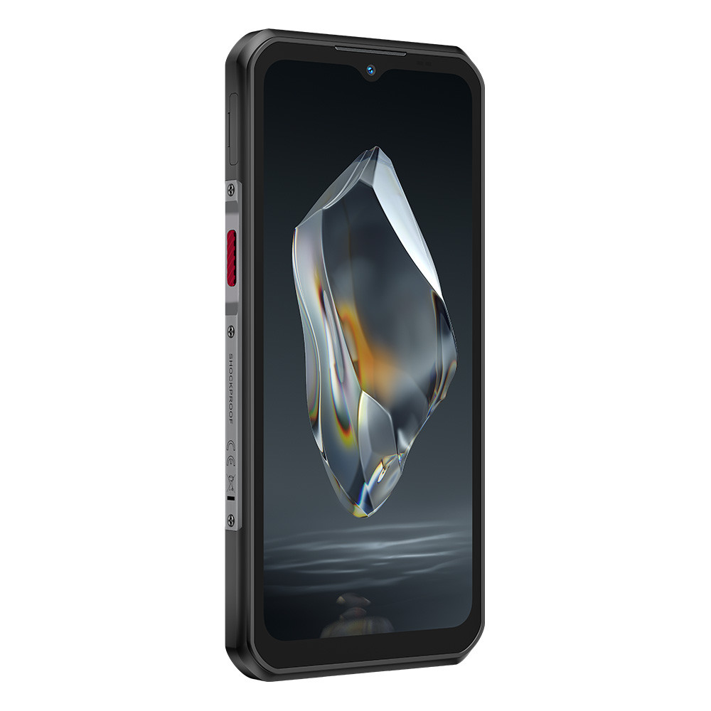 Uno smartphone nero con un grande cristallo sfaccettato sullo schermo.