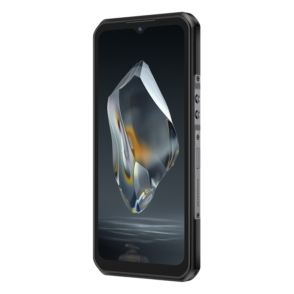 Uno smartphone nero con un cristallo sfaccettato sullo schermo.