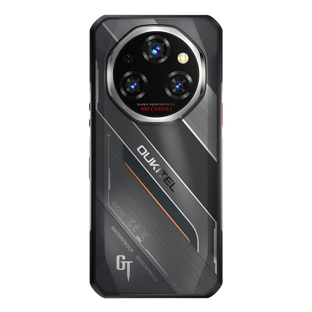 Retro di uno smartphone robusto con tripla fotocamera e logo GT.