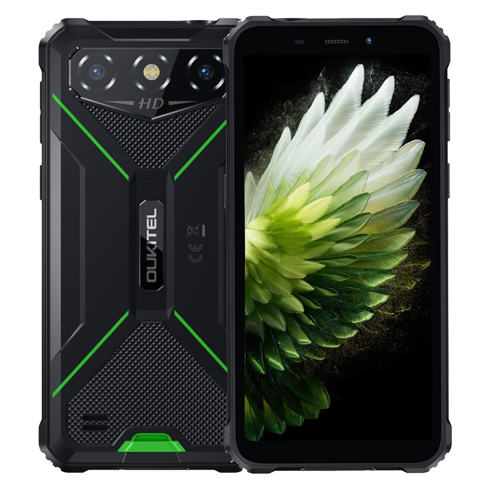 Uno smartphone robusto nero con accenti verdi e fotocamera HD.