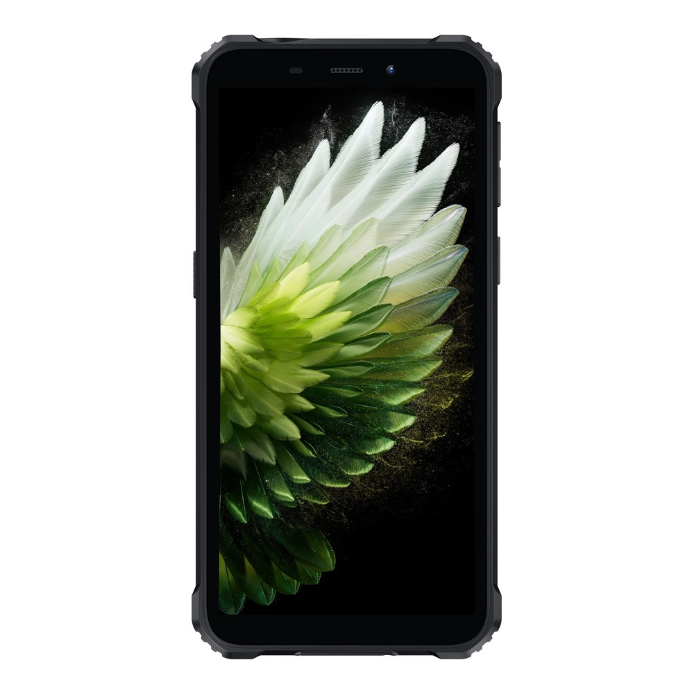 Uno smartphone nero che mostra un motivo a metà aperto, piumato, verde e bianco sul suo schermo.