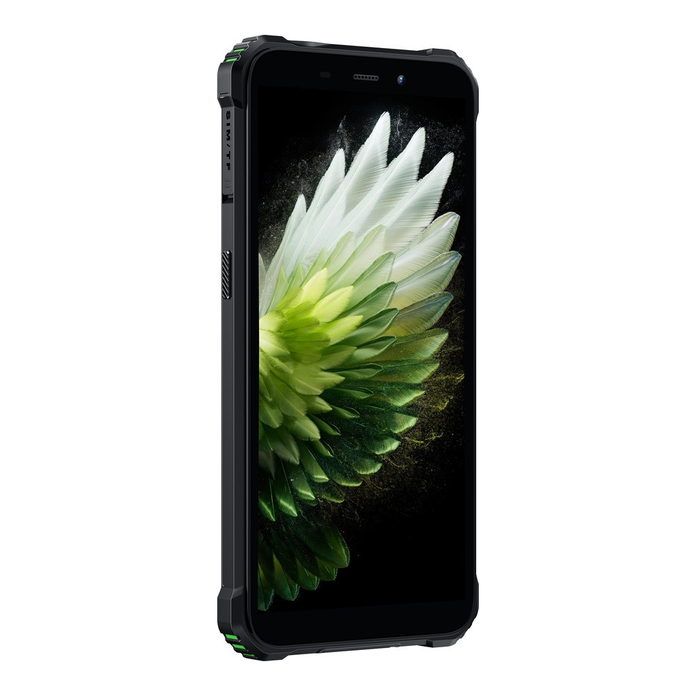 Uno smartphone nero con accenti verdi mostra un motivo astratto e piumato sul suo schermo.