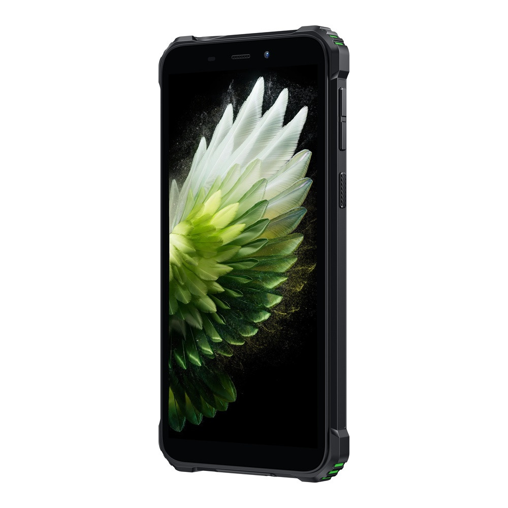 Smartphone nero con piuma verde e bianca sullo schermo, mostrato di lato.
