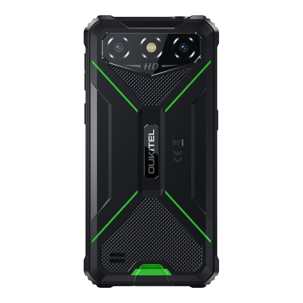 Retro di uno smartphone nero robusto con accenti verdi. Tre fotocamere in alto.