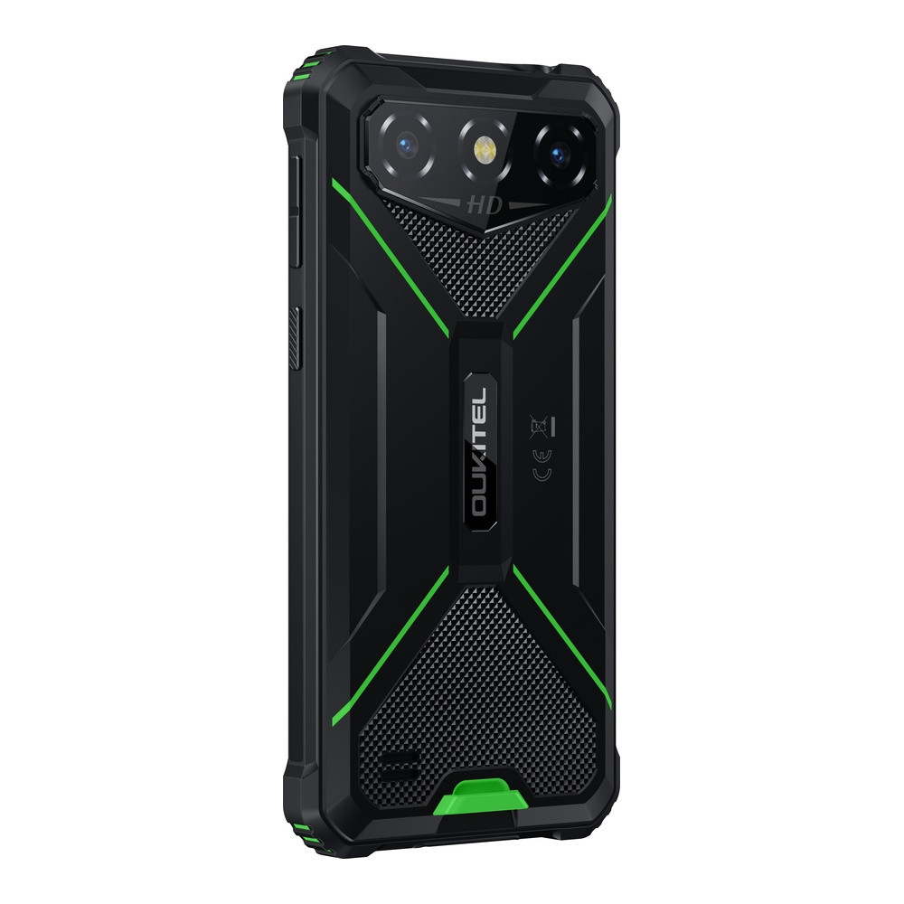 Smartphone robusto nero con accenti verdi. Doppia fotocamera e logo 'OUKITEL' visibili.
