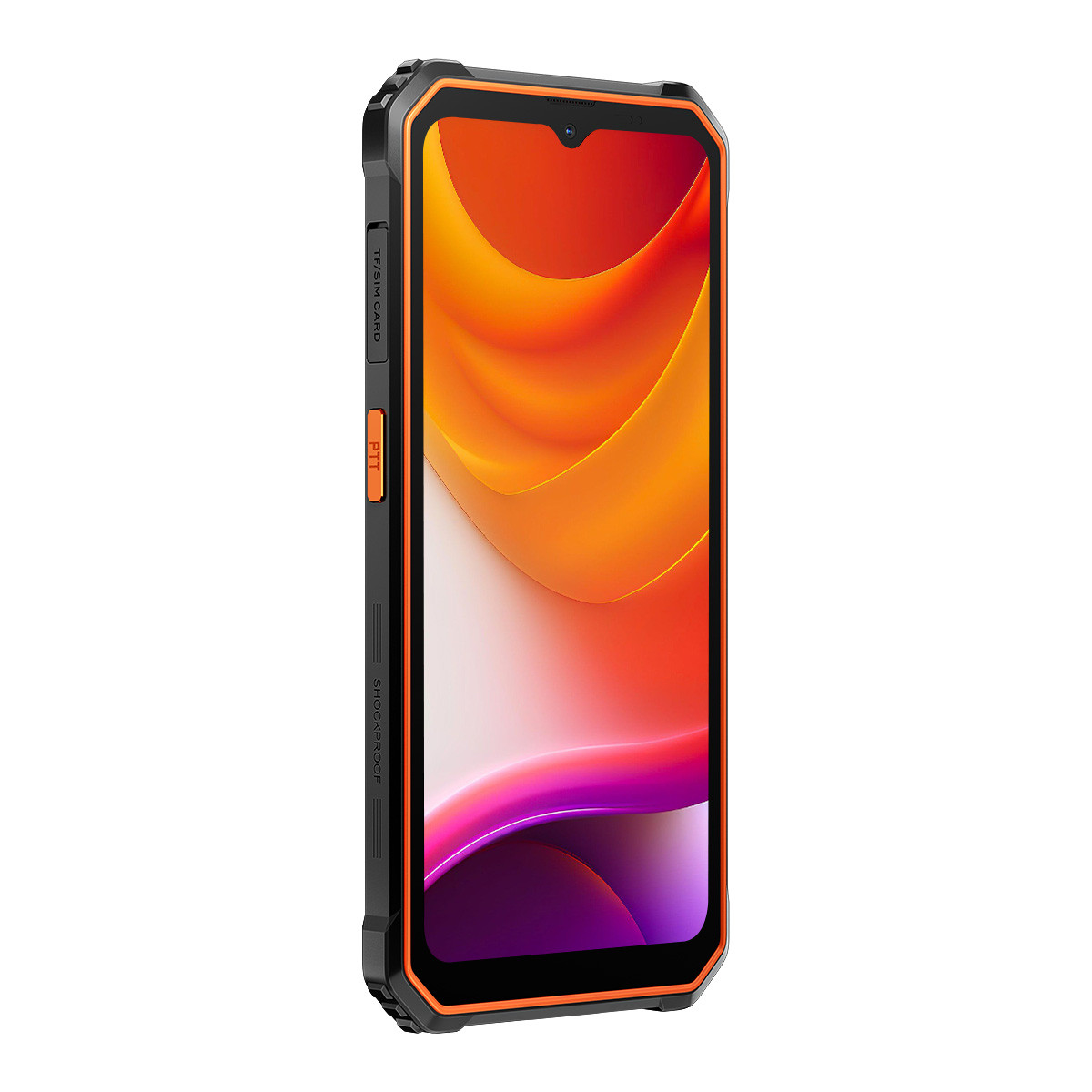 Uno smartphone robusto con accenti arancioni e uno sfondo moderno.