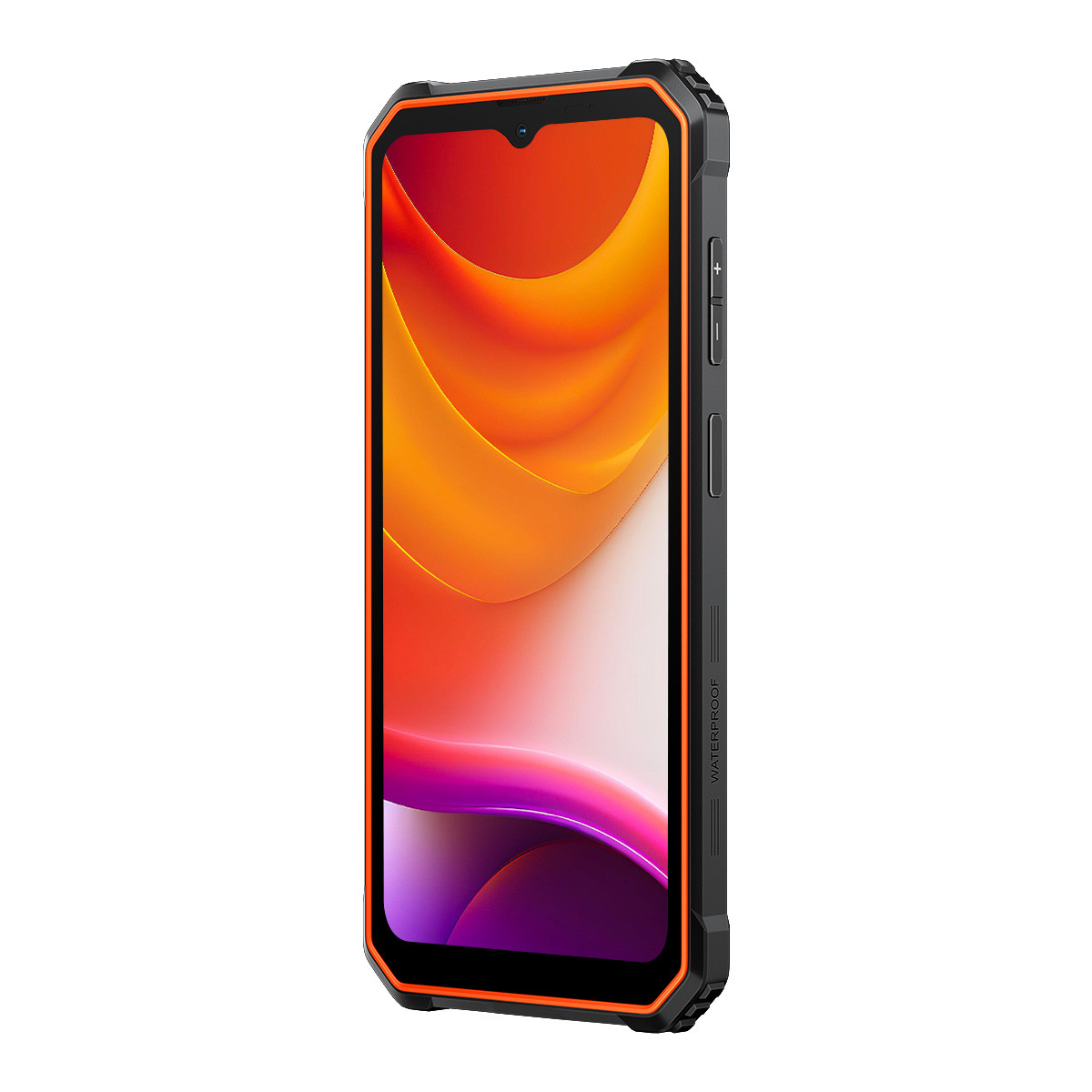Smartphone robusto con finiture arancioni, mostra uno sfondo astratto.