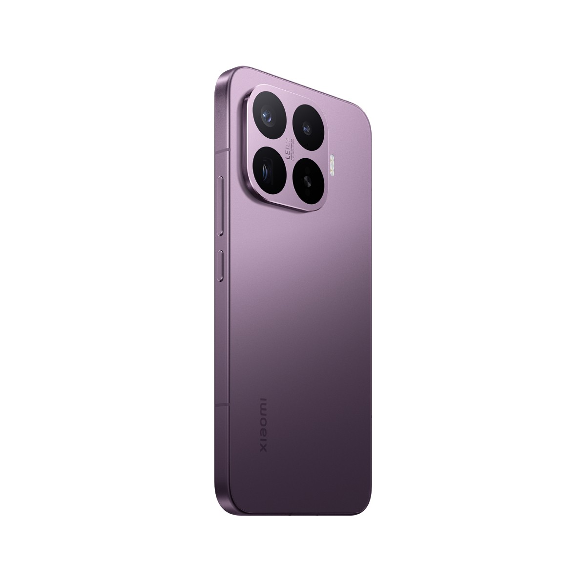 Lila Smartphone mit vier Kameras und Leica-Schriftzug, weißer Hintergrund.