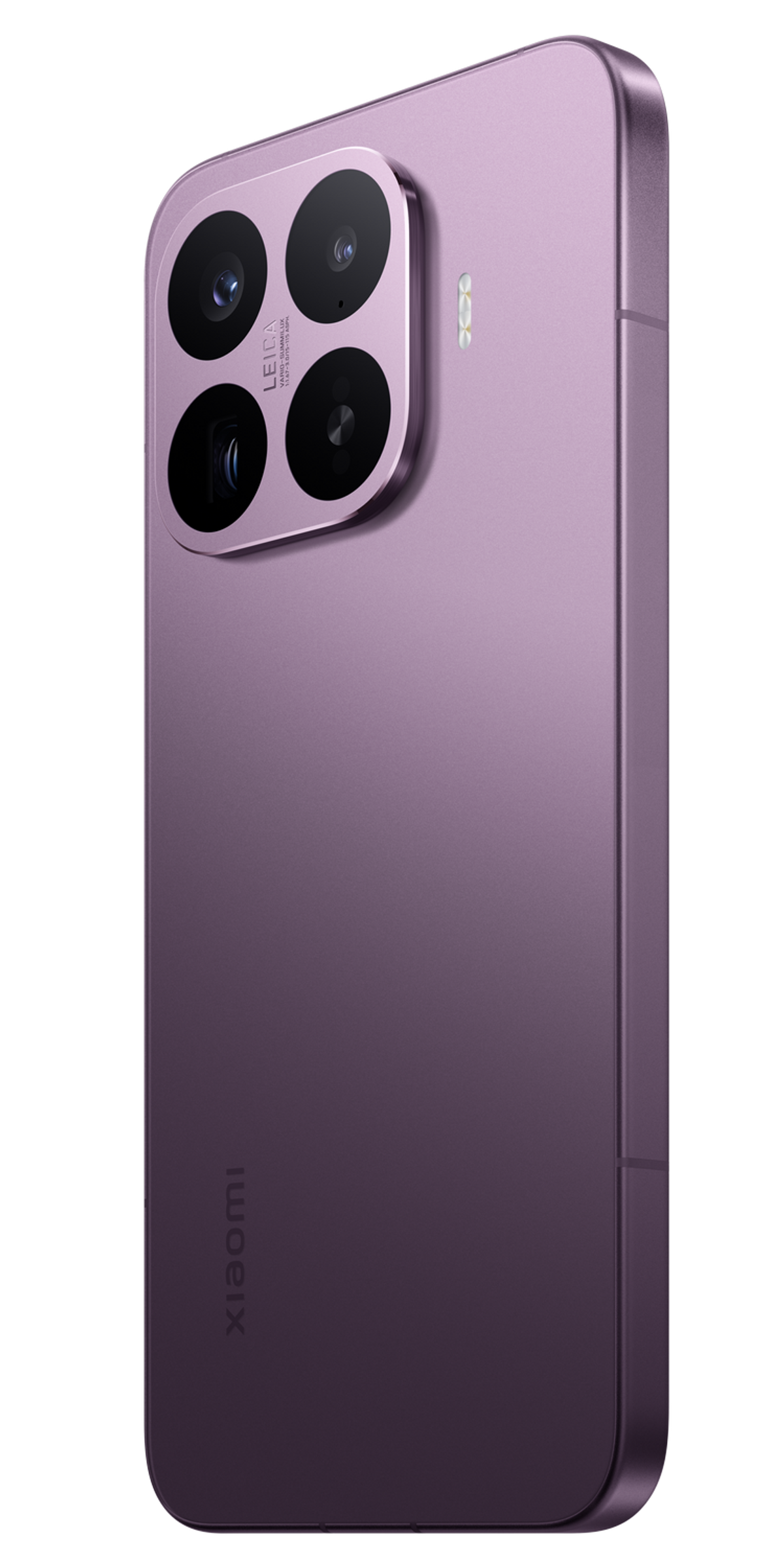 Lila Smartphone mit vierfacher Leica-Kamera und Xiaomi-Logo. Schwarz.