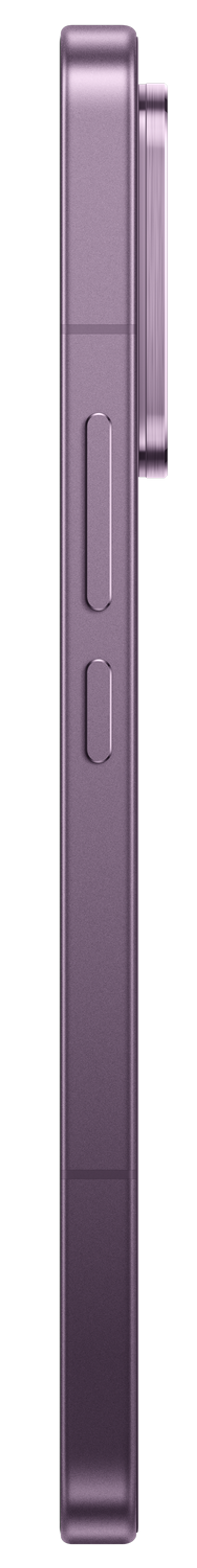 Lila Smartphone-Seite mit Lautstärketasten und Kamera auf schwarzem Hintergrund.