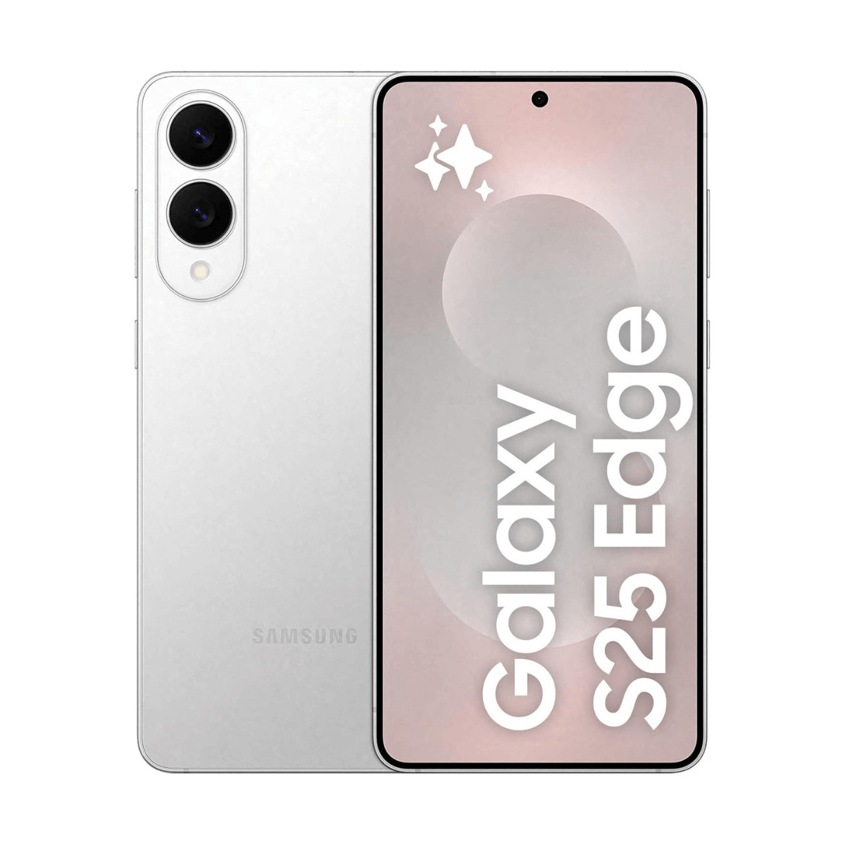 Biały smartfon Samsung Galaxy S25 Edge z dwoma aparatami z tyłu.