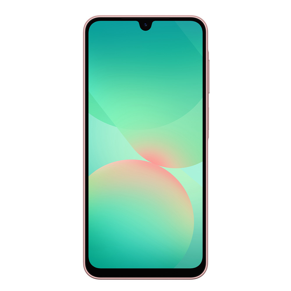 Viene mostrato uno smartphone rosa con uno sfondo astratto verde acqua e rosa.