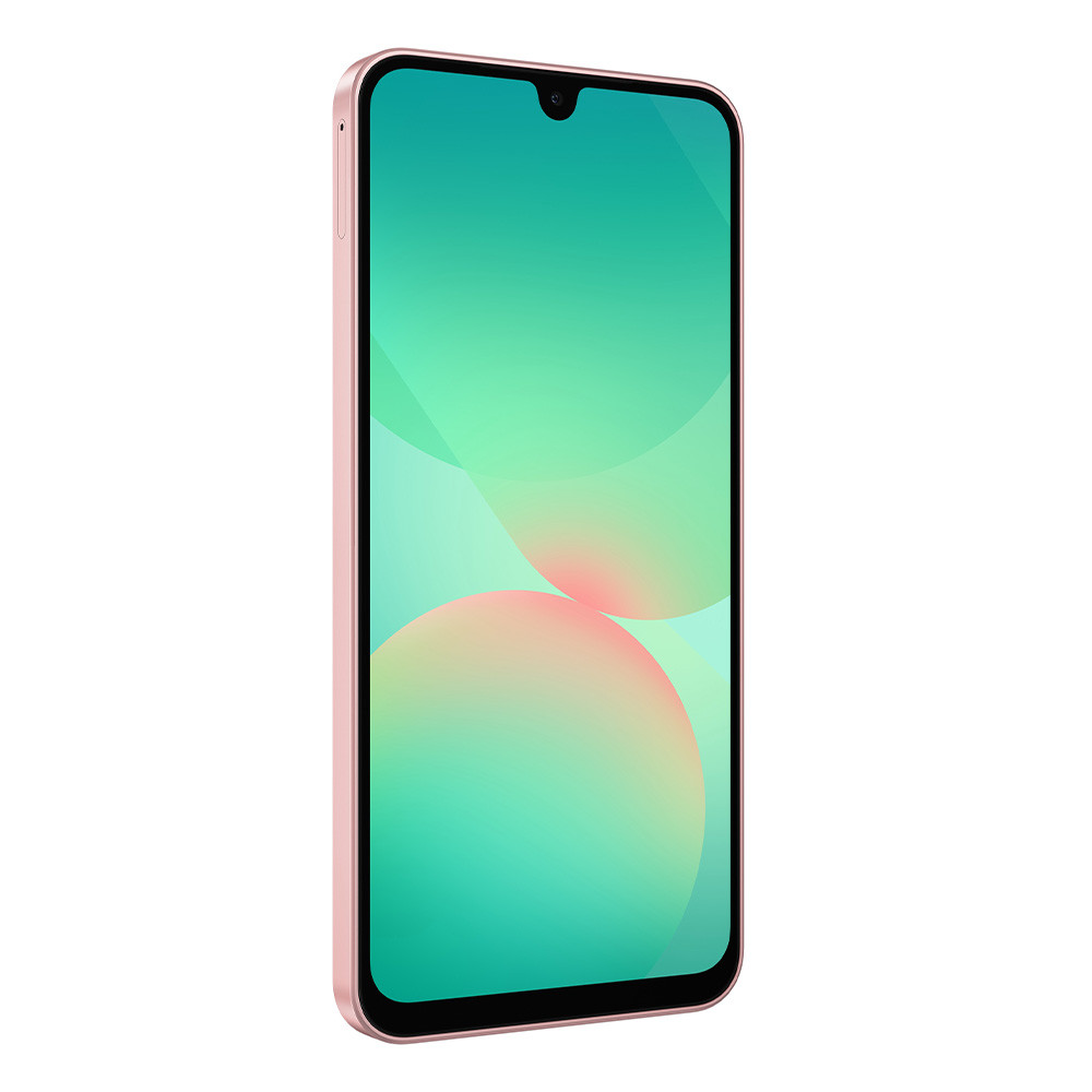 Uno smartphone rosa con schermo turchese e forme rotonde.