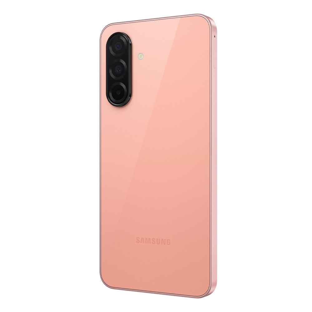 Retro di uno smartphone rosa con tre fotocamere e logo Samsung.